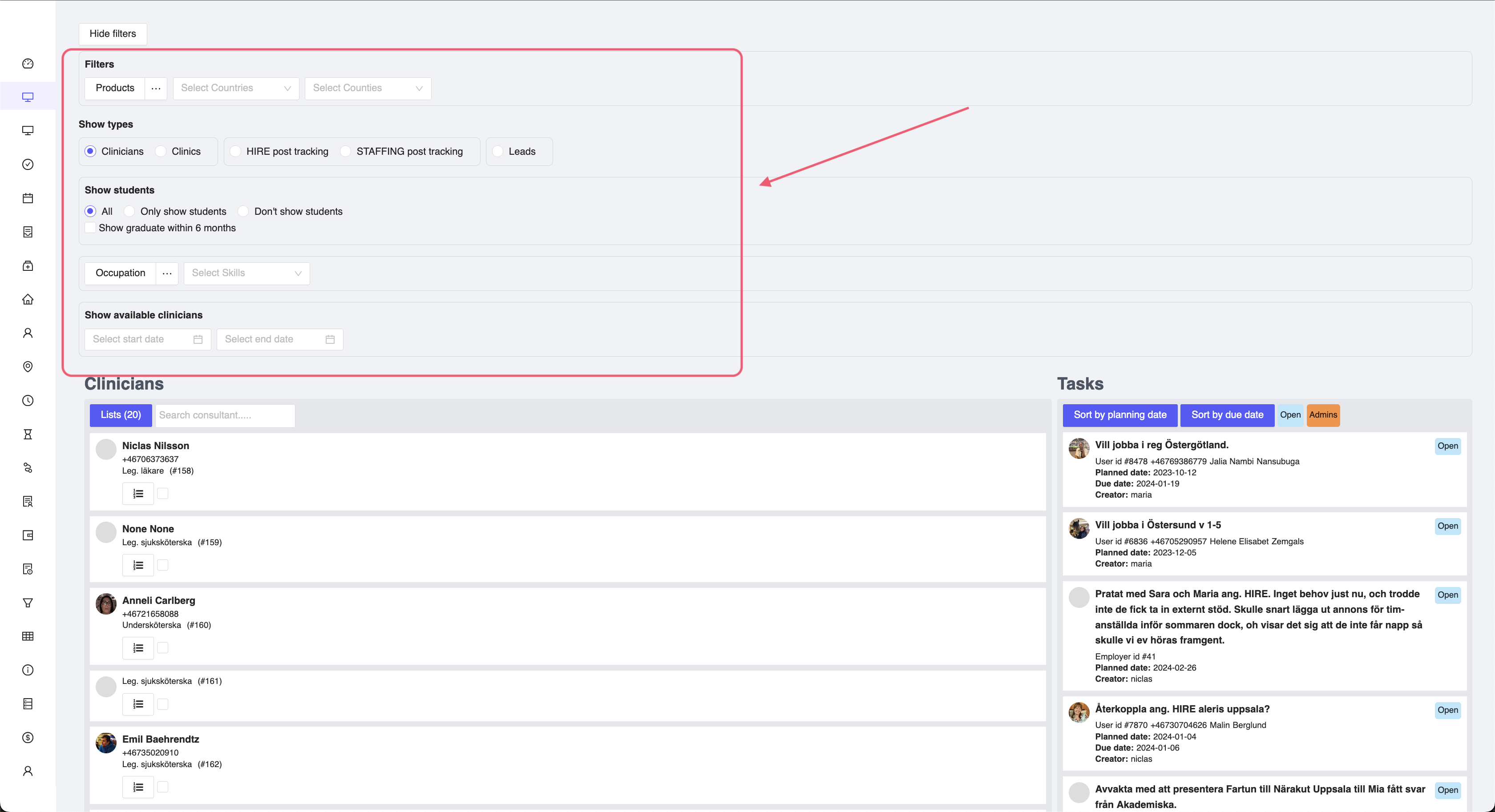 Activity Board Filters