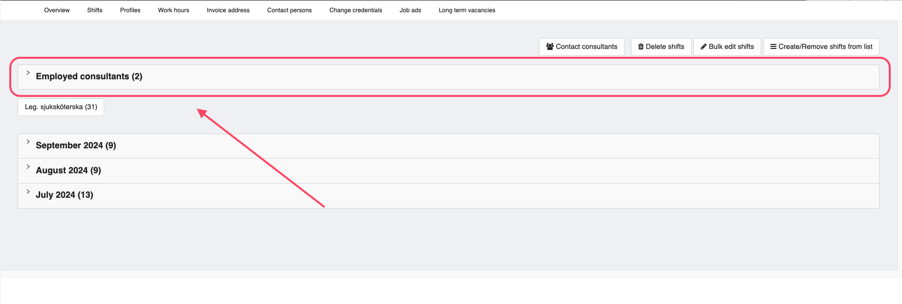Employed Consultants tab