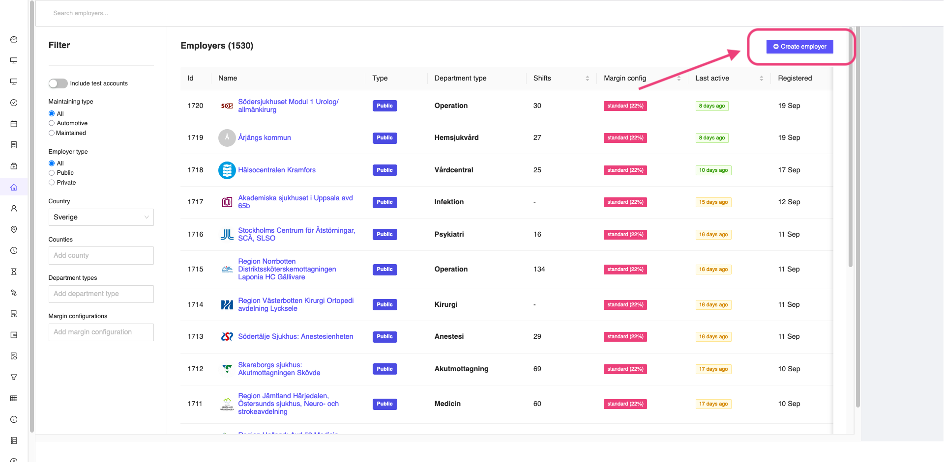Create new employer button
