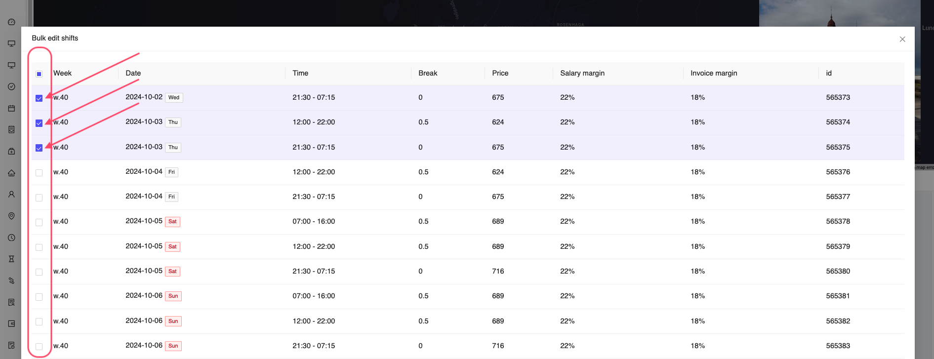 Bulk edit shifts select