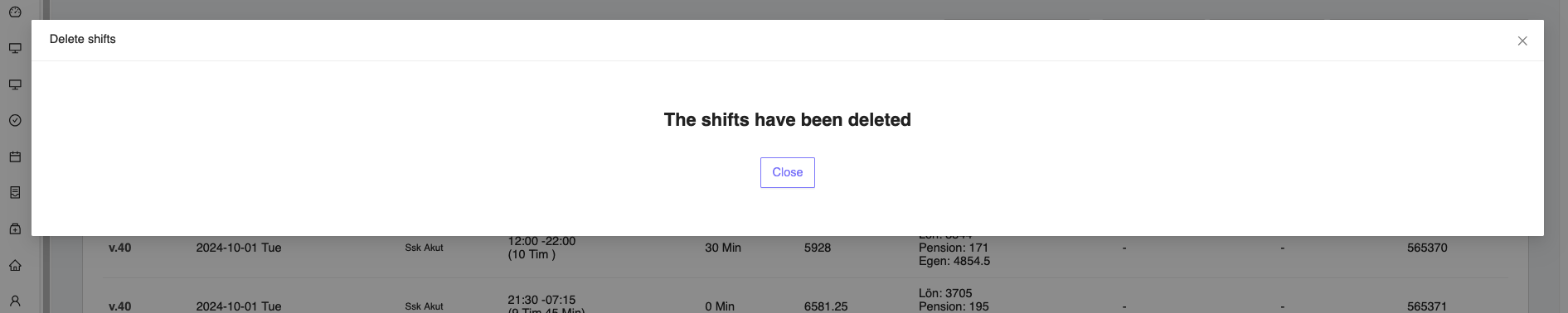 Shifts deleted confirmation