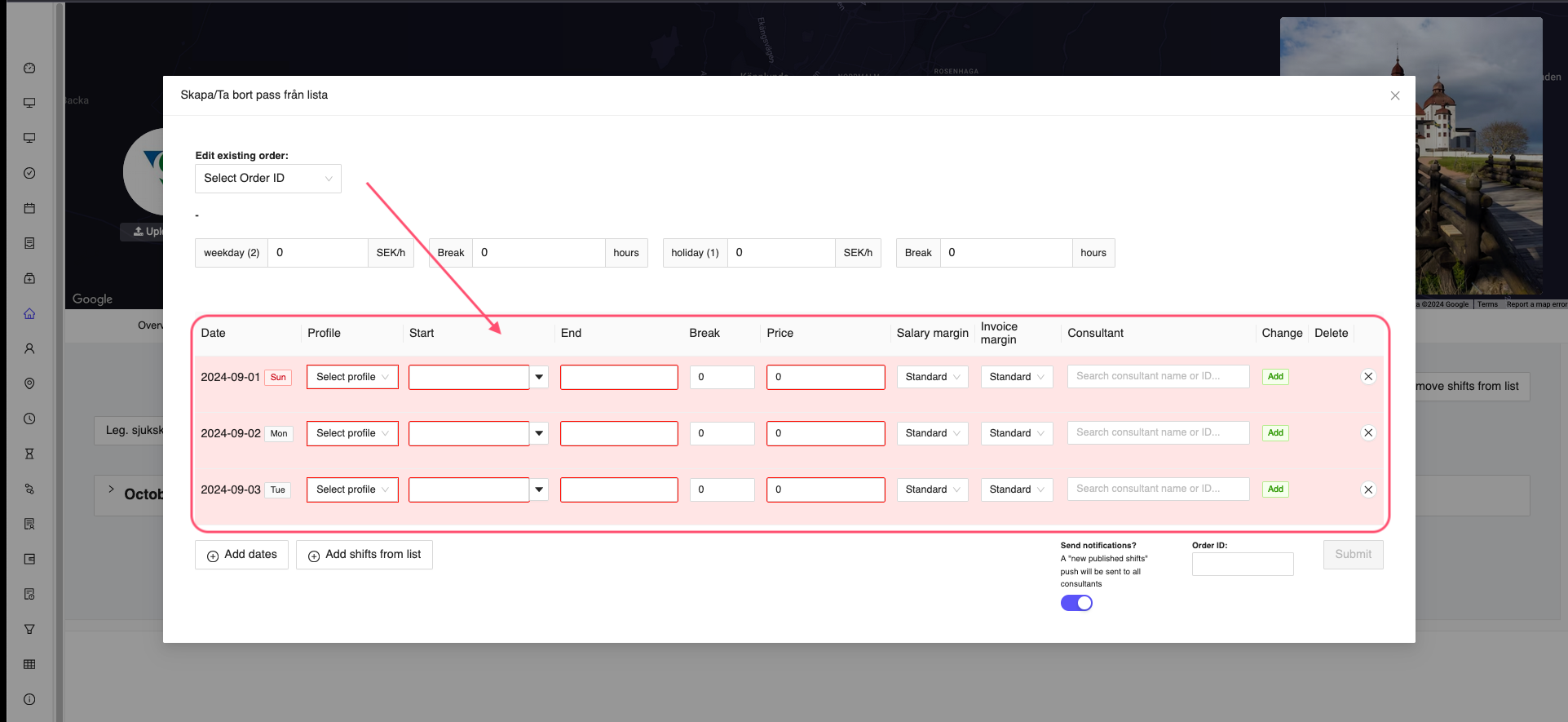 Show selected shift dates
