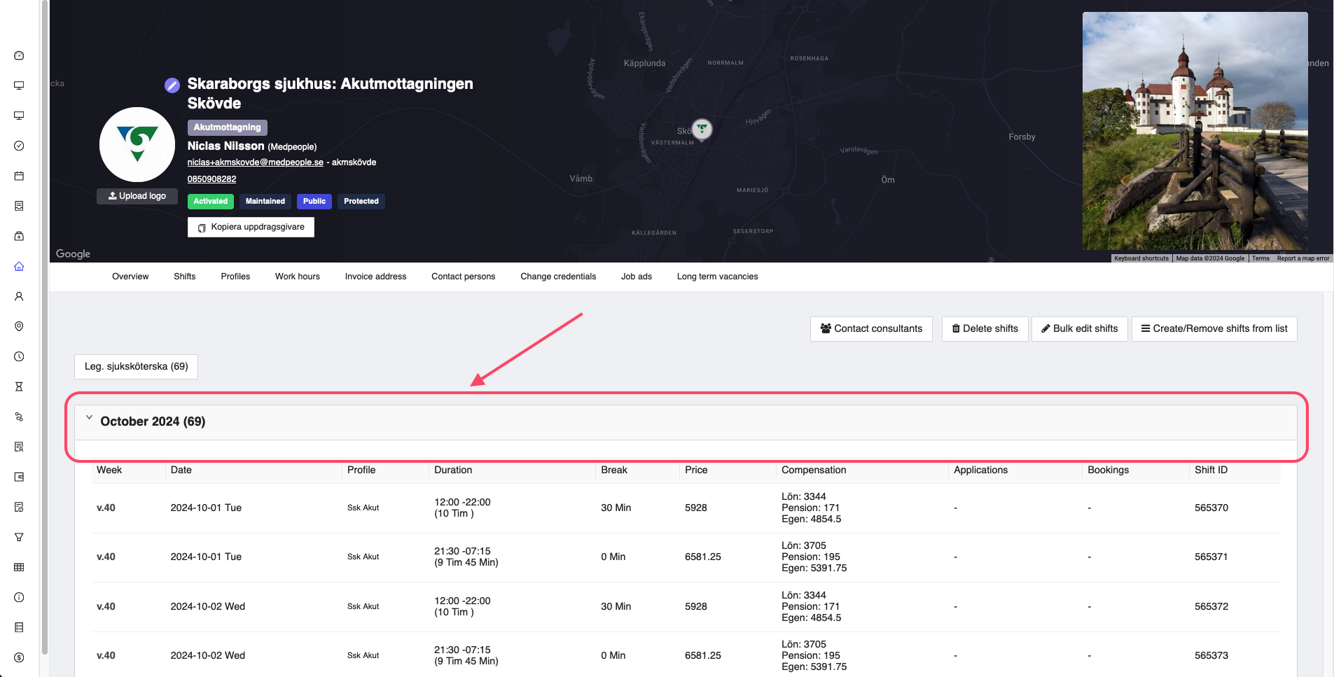 Employer shifts list view